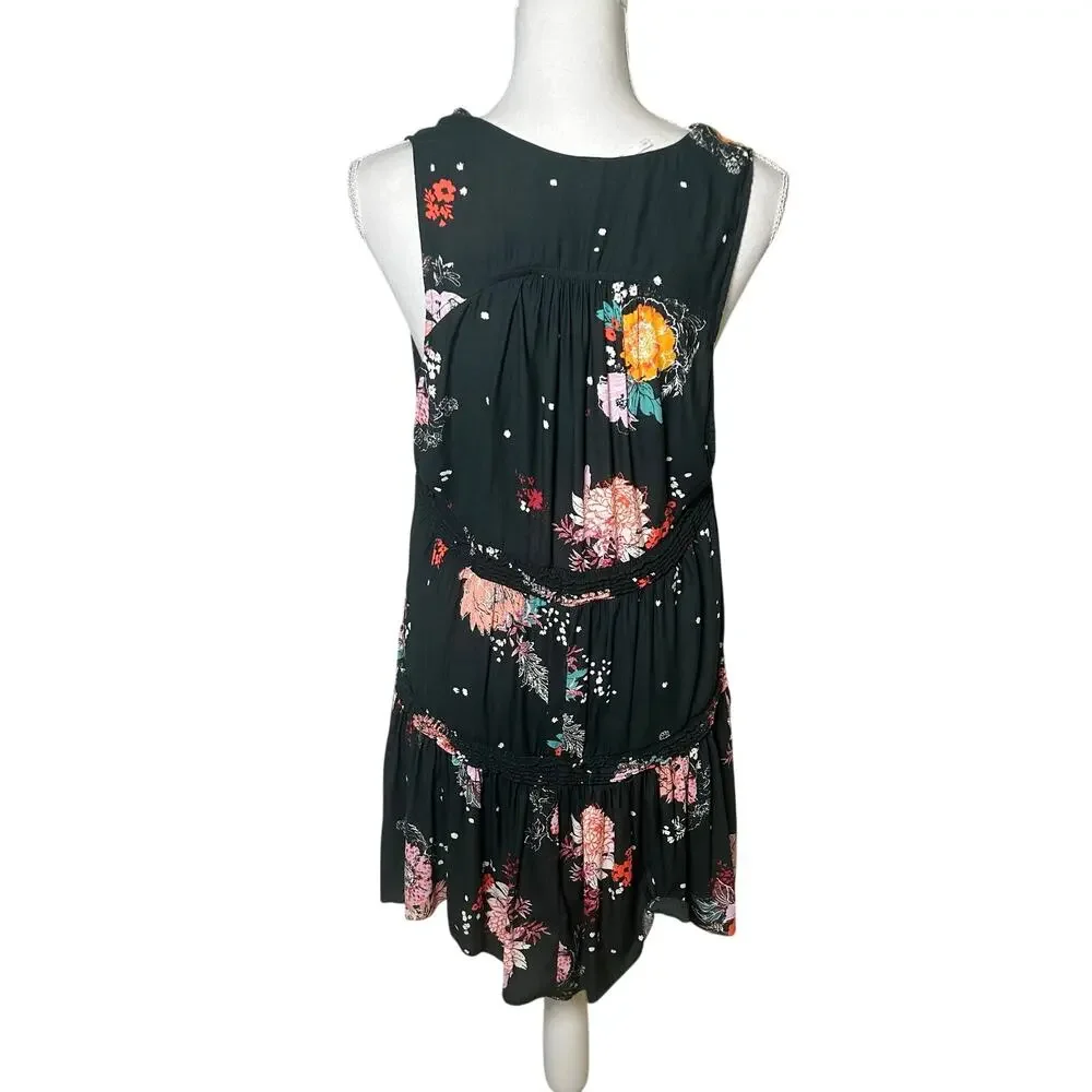 Free People Haze Floral tiered tunic Black and pink tank size S
